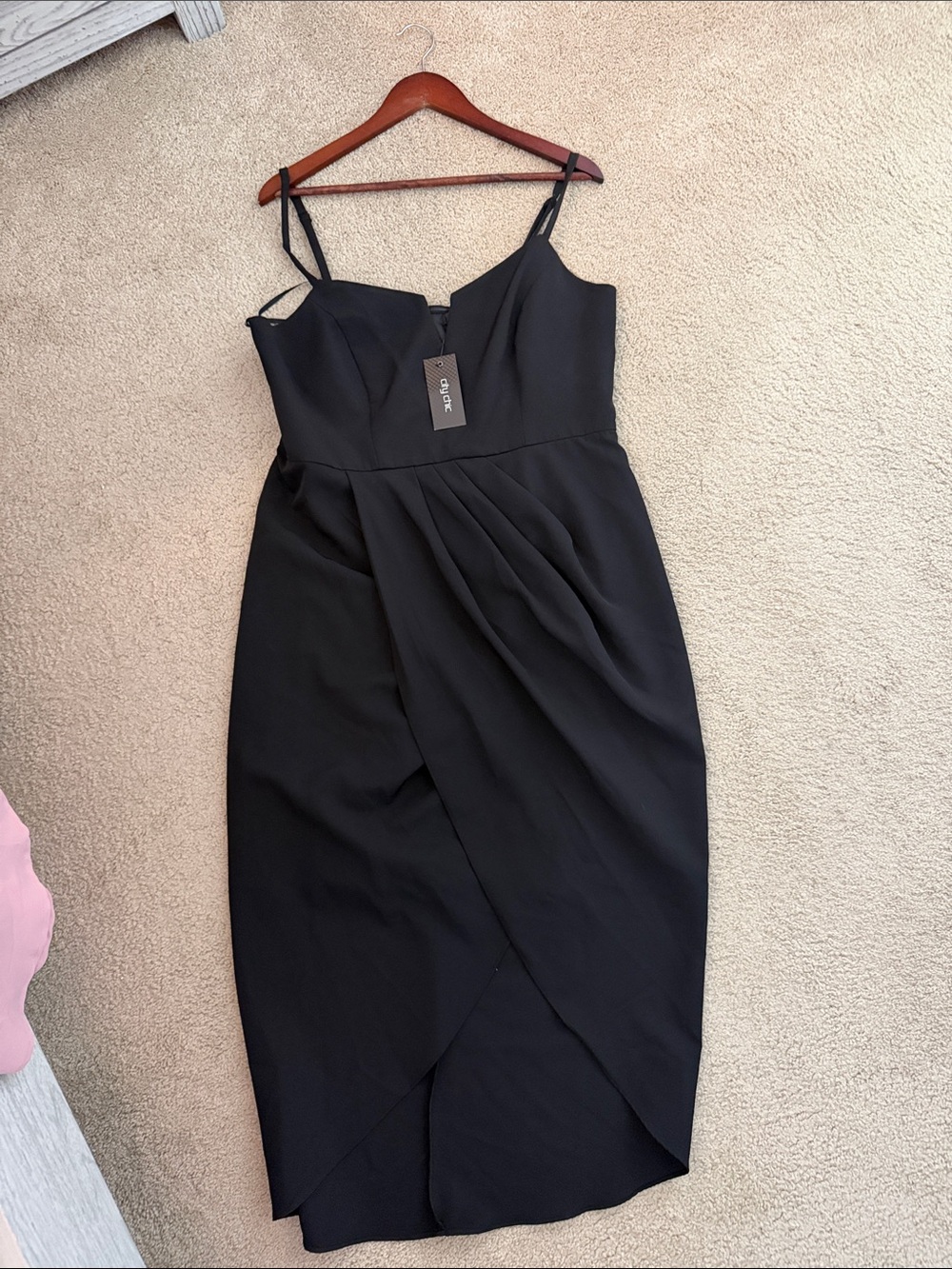 chic Black Midi Slip Dress with Draped Tulip Skirt and Spaghetti Straps
